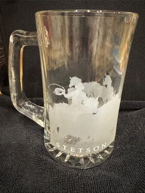 Vintage Stetson Etched Glass Beer Stein - Clear Frosted Design